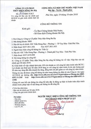 Công bố báo cáo Tài chính Quí III/2018 và giải trình chênh lệch lợi nhuận